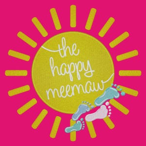 May include: A yellow sun with rays and the text "the happy meemow" inside.  There are blue, pink, and green footprints around the sun.
