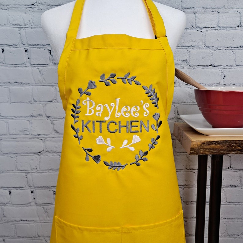 Customizable embroidered apron Personalize name kitchen apron great gift for her Yellow
