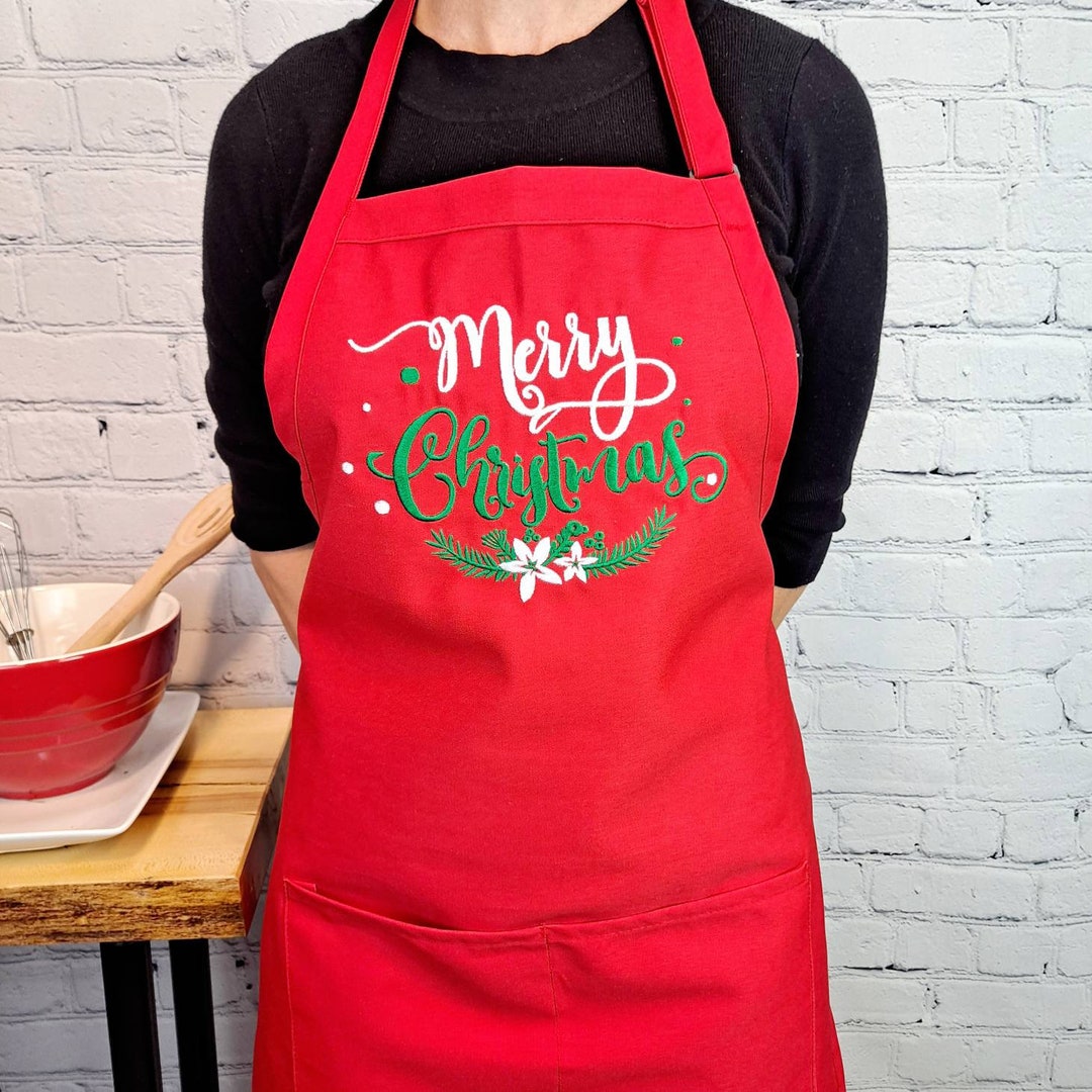 christmas-apron-kitchen-baking-merry-christmas-embroidered-apron-hostess-gift-etsy