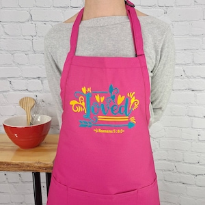 Loved Apron bible verse Romans 5:8 embroidered cute gift for her with pockets