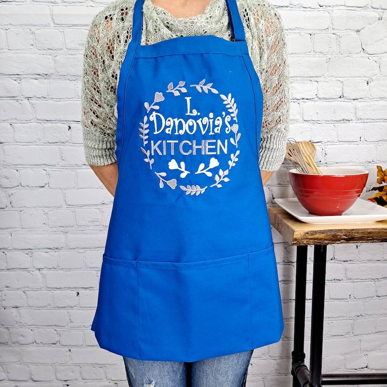 Customizable embroidered apron Personalize name kitchen apron great gift for her Royal Blue