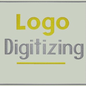 Puede incluir: Un diseño bordado en amarillo y gris que dice "Logo Digitizing" con una línea amarilla debajo.