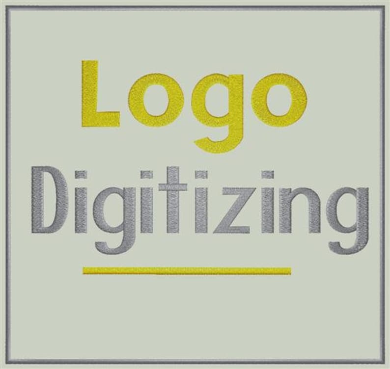 May include: A yellow and gray embroidered design that says "Logo Digitizing" with a yellow line underneath.