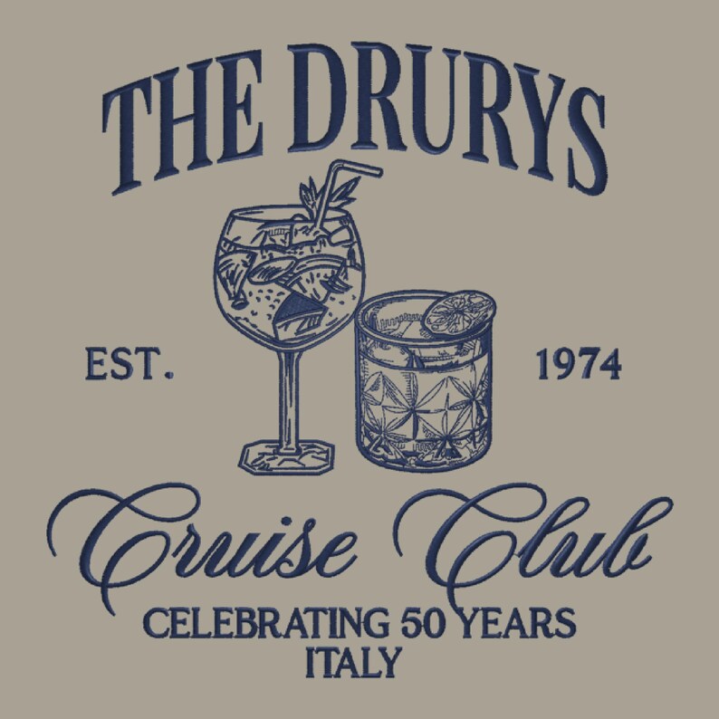 May include: A navy blue logo with the text "The Drurys Cruise Club Celebrating 50 Years Italy" and the text "Est. 1974". The logo features two illustrations of cocktails, one in a tall glass with a straw and the other in a short glass.