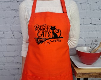 Halloween apron Black Cats Only baking Apron with pockets embroidered orange and silver