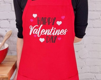 Embroidered Valentine's Day Apron with Pockets, Gift for Her