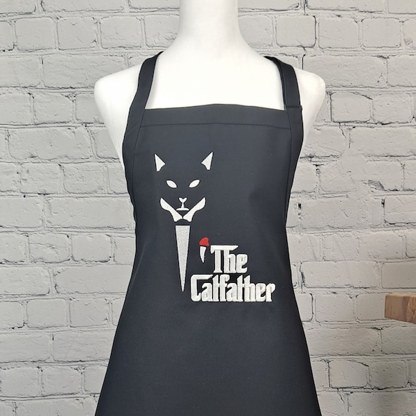 Catfather apron funny apron with pockets kitchen embroidery cat love apron perfect boyfriend gift