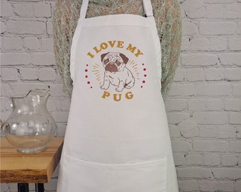 Pug apron embroidered dog lover perfect dog mom gift with pockets durable material adjustable neck