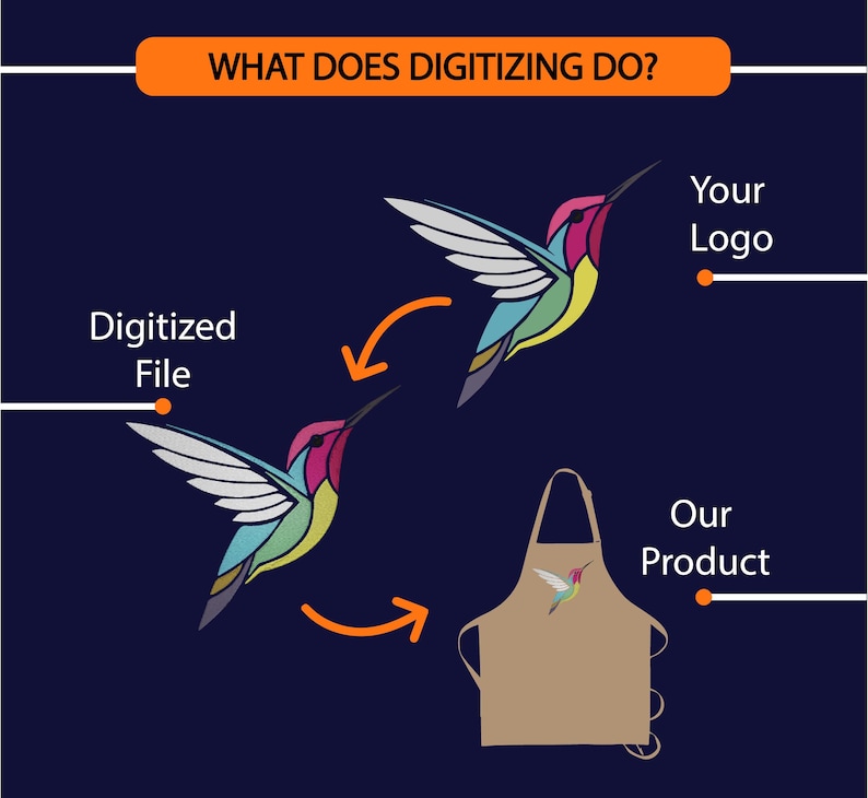May include: A graphic design illustration showing how a digitized file of a colorful hummingbird logo can be used to create a custom product, such as an apron. The text "What does digitizing do?" is at the top of the image. The text "Your Logo" is next to the hummingbird logo. The text "Our Product" is next to the apron. The text "Digitized File" is next to the hummingbird logo.