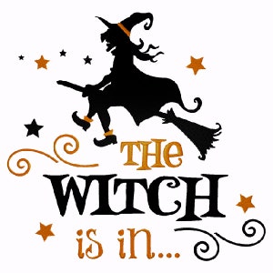 Puede incluir: Silueta negra de una bruja volando en una escoba con estrellas naranjas y el texto "The Witch is in..." en naranja.
