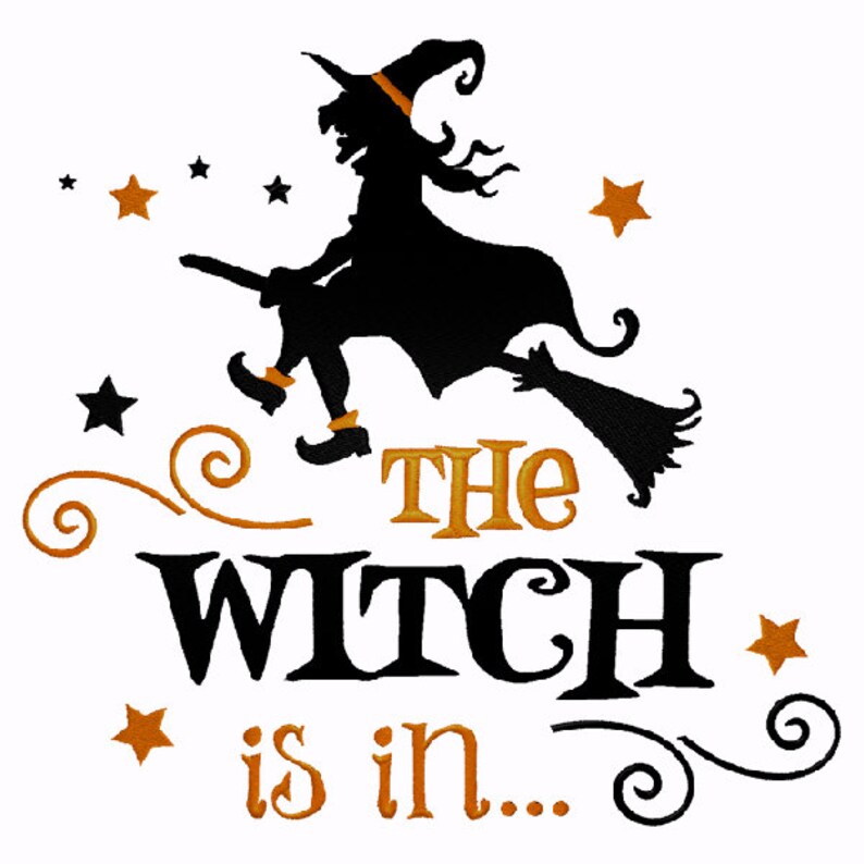 Puede incluir: Silueta negra de una bruja volando en una escoba con estrellas naranjas y el texto "The Witch is in..." en naranja.