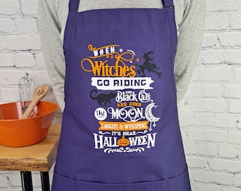 Delantal bordado de Halloween: Cuando las brujas salen a montar, repostería otoñal