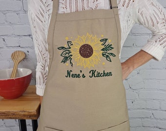 Customizable Sunflower embroidered apron Personalize name kitchen apron great gift for her