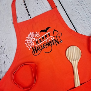 Embroidered Halloween Apron: Spiderweb & Bat Design, Adjustable Neck