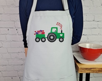 Embroidered Tractor Hearts Apron, Valentine's Day Farmhouse Kitchen