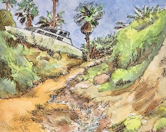Baja Shipwreck Watercolor Painting | Coastal Palm Trees Art (5x7)