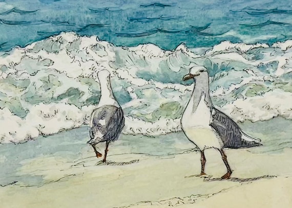 San Diego Seagull Watercolor Painting, Coastal Chic Decor, 5x7 Original Art