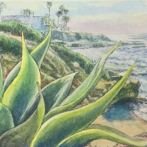 May include: A watercolor painting of a coastal scene with a large green agave plant in the foreground. The plant has long, pointed leaves and is growing on a rocky cliff overlooking the ocean. The water is a light blue color and there are white waves crashing on the shore. The sky is a light pink color.