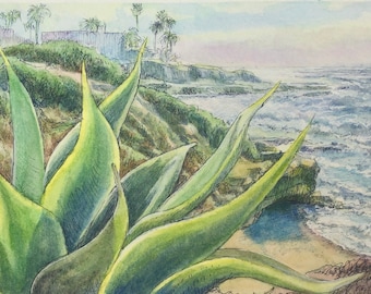 La Jolla Cliffs Original Watercolor Art | Agave & Coastal Seacave Landscape | California Coast Painting