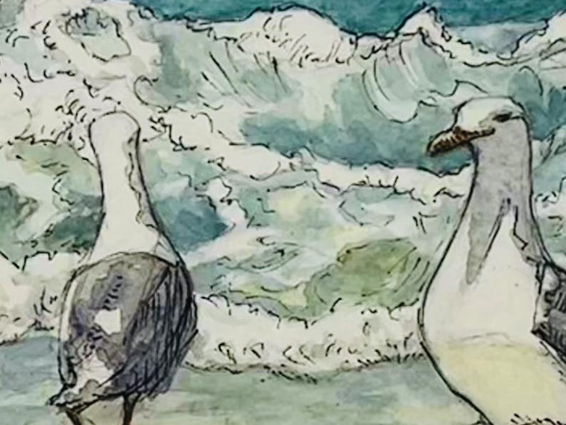 May include: Watercolor painting of two seagulls with a backdrop of ocean waves. The birds are depicted in shades of gray, white, and black, with the waves in shades of blue and white. The artwork has a soft, illustrative style.