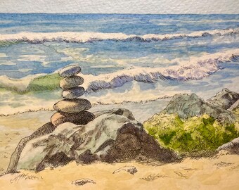 Coastal Stone Stack Watercolor | Minimalist Beach Art Original Inspired by Rock Cairns & Ocean Waves