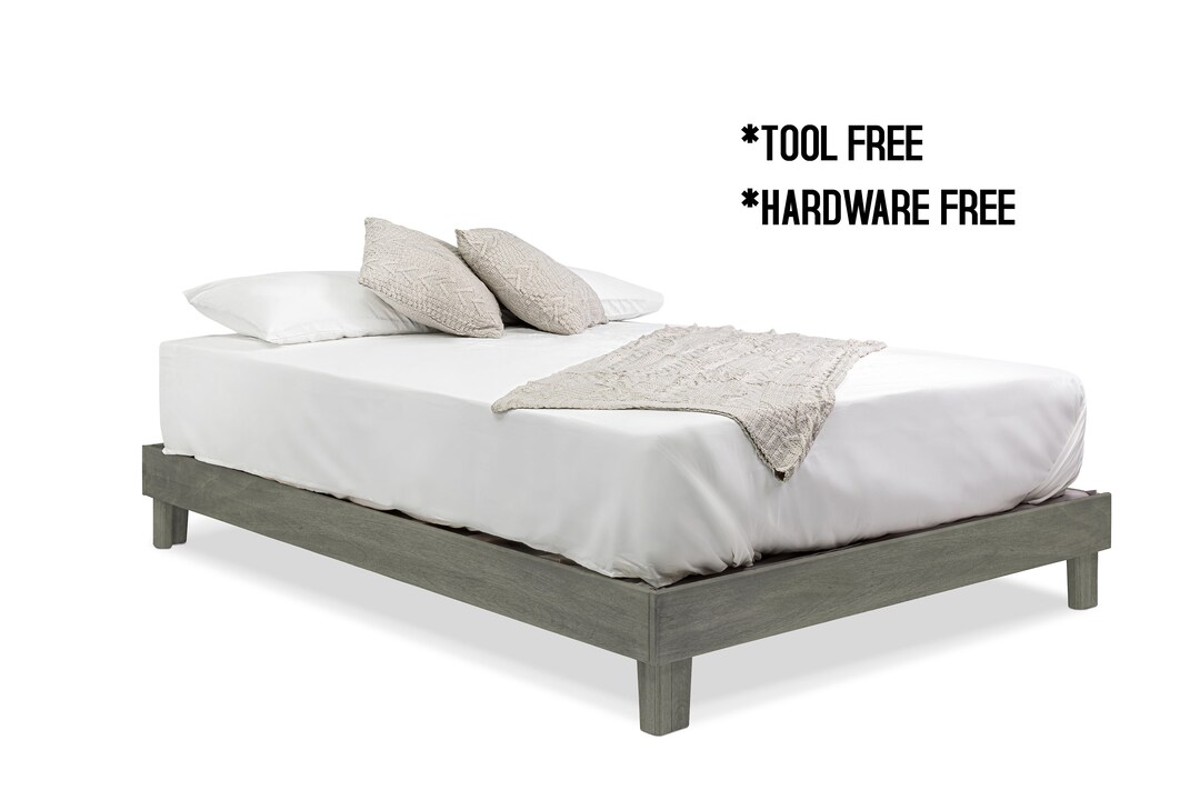Rustic Grey Hardwood Platform Bed Frame, Tool-free & Hardware-free ...