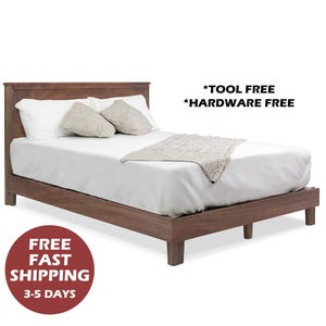Farmhouse Bed Frame, Solid Hardwood, Tool-Free & Hardware-Free Assembly