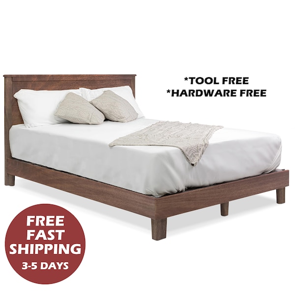 Farmhouse Bed Frame, Solid Hardwood, Tool-Free & Hardware-Free Assembly