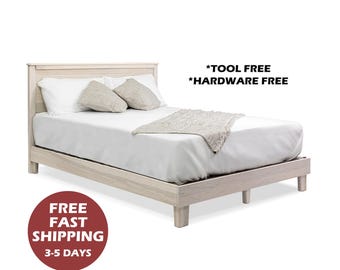Hardwood Headboard Bed Frame, Tool-Free & Hardware-Free Assembly