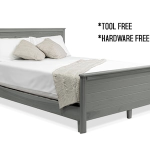 Rustic Grey Hardwood Deluxe Bed Frame, with Headboard and Footboard, Tool-Free & Hardware-Free Assembly
