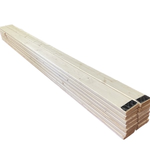 May include: A stack of unfinished, light wood planks with black labels on the ends.