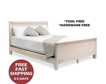 Hardwood Deluxe Bed Frame, with Headboard and Footboard, Tool-Free & Hardware-Free Assembly