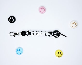 Custom Name Black and White Checkered Smiley Face Silicone Bead Keychain