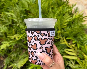 Hidden Mickey Leopard Print Disney Cup Sleeve Holder Neoprene Insulated