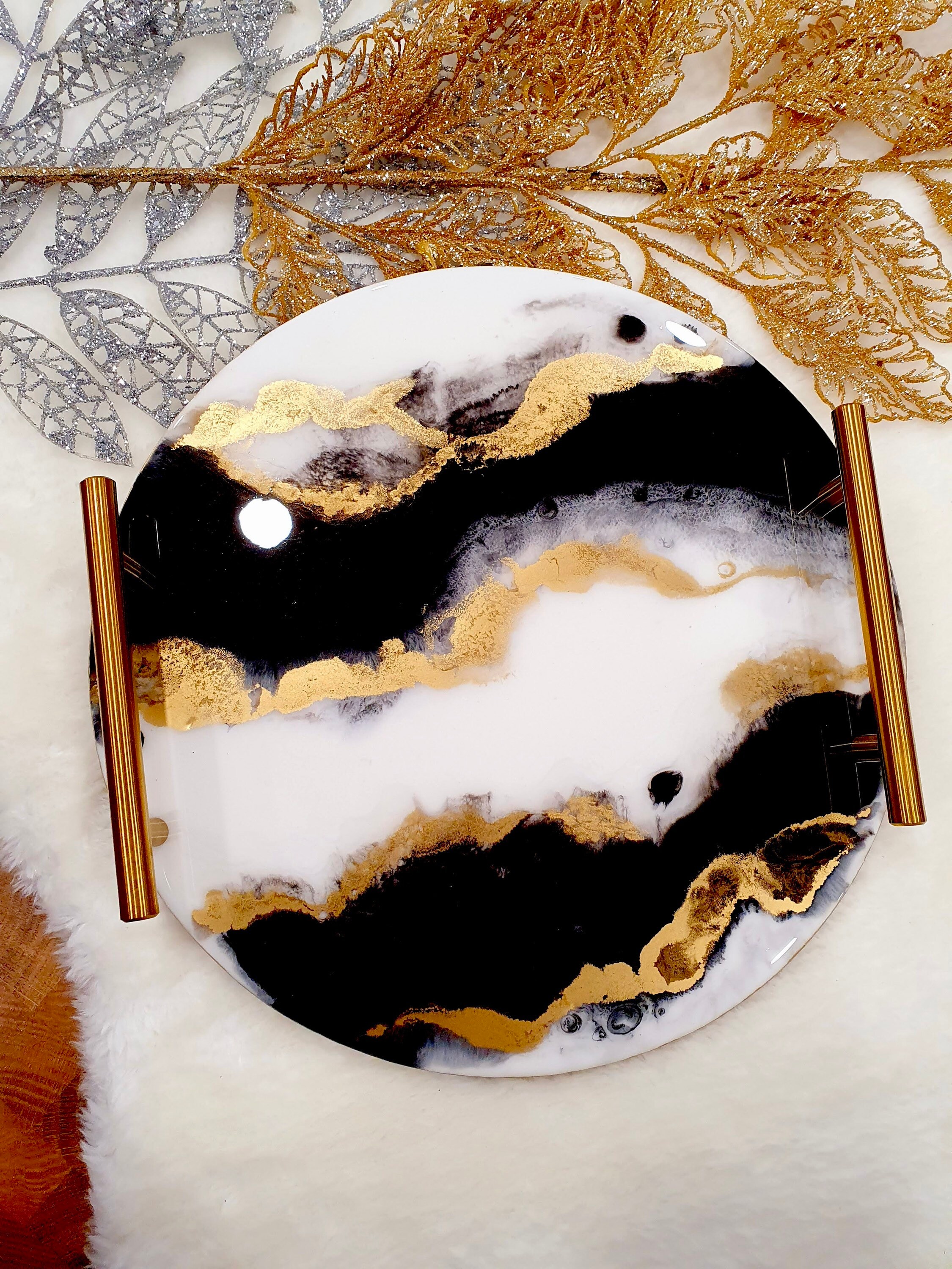 Round Resin Tray Gold White & Black Home Decor Tray Etsy