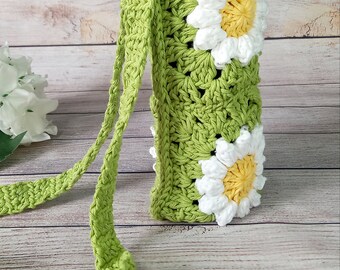 Crochet Daisy Bottle Holder, Festival Bottle Holder, Birthday Gift for Mum, Handmade Cotton Bag, Holiday Accessories, Knitted Bottle Holder