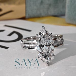 IGI Certified Marquise Lab Grown Diamond Engagement Ring: 1-4 Carat, White Gold Double Band