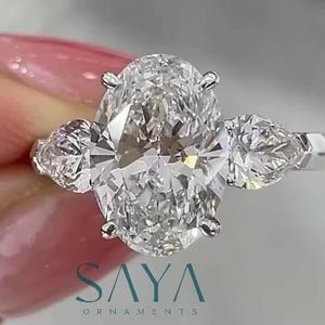 Oval Lab Grown Diamond Engagement Ring: Three Stone Pear Accent, White Gold