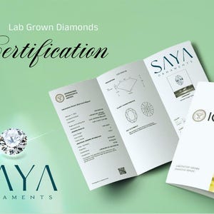 Puede incluir: Imagen que presenta un diamante brillante y documentos de certificaci&oacute;n. Los documentos muestran el logotipo "SAYA ORNAMENTS" y la marca "IGI", con el texto "Lab Grown Diamonds Certification". El fondo es un degradado verde.
