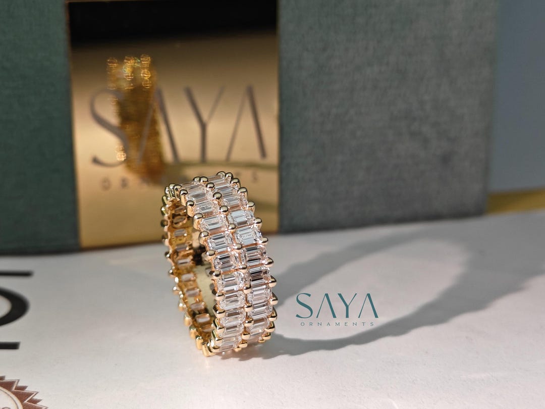 Lab Grown Emerald Cut Diamond Eternity Band: 14k Gold Double Row Ring ...
