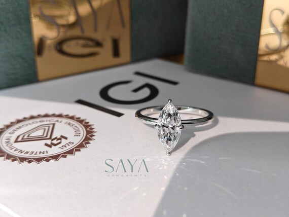 Marquise Lab Grown Diamond Engagement Ring: 14k Solid White Gold Solitaire, IGI Certified
