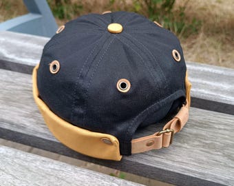 Brimless Docker Hat in Black and Ochre Cotton Twill
