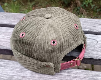Handmade Brimless Docker Hat in Military Green Corduroy, Rose Leather and Cotton Twill Lining