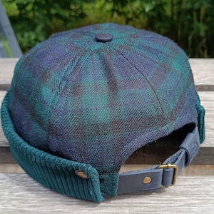 Tartan Wool Docker Hat | Blue & Green Brimless Cap with Leather Accents