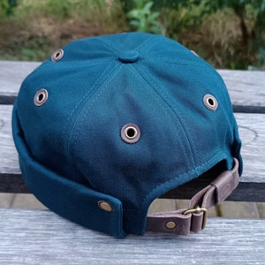 Petrol Green Cotton Twill Docker Hat | Handmade Brimless Cap with Leather Details