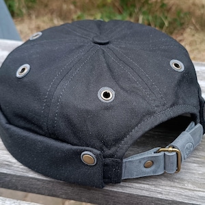 Handmade Black Twill Docker Hat with Gray Leather Accents  Brimless Cap | Cotton Twill Lined