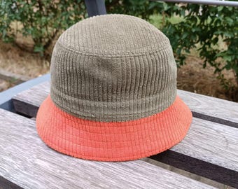 Handmade Green & Orange Corduroy Bucket Hat | Cotton Twill Lined