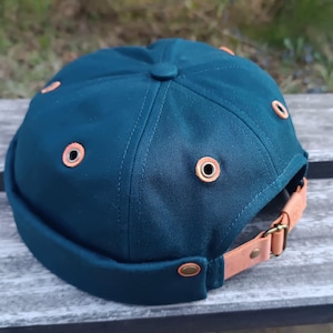 Handmade Petrol Cotton Twill Docker Hat | Orange Leather Accents |  Lined