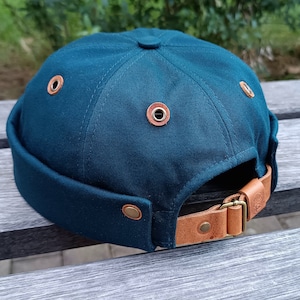 Petrol Green Docker Hat | Cotton Twill Brimless Cap with Leather Accents