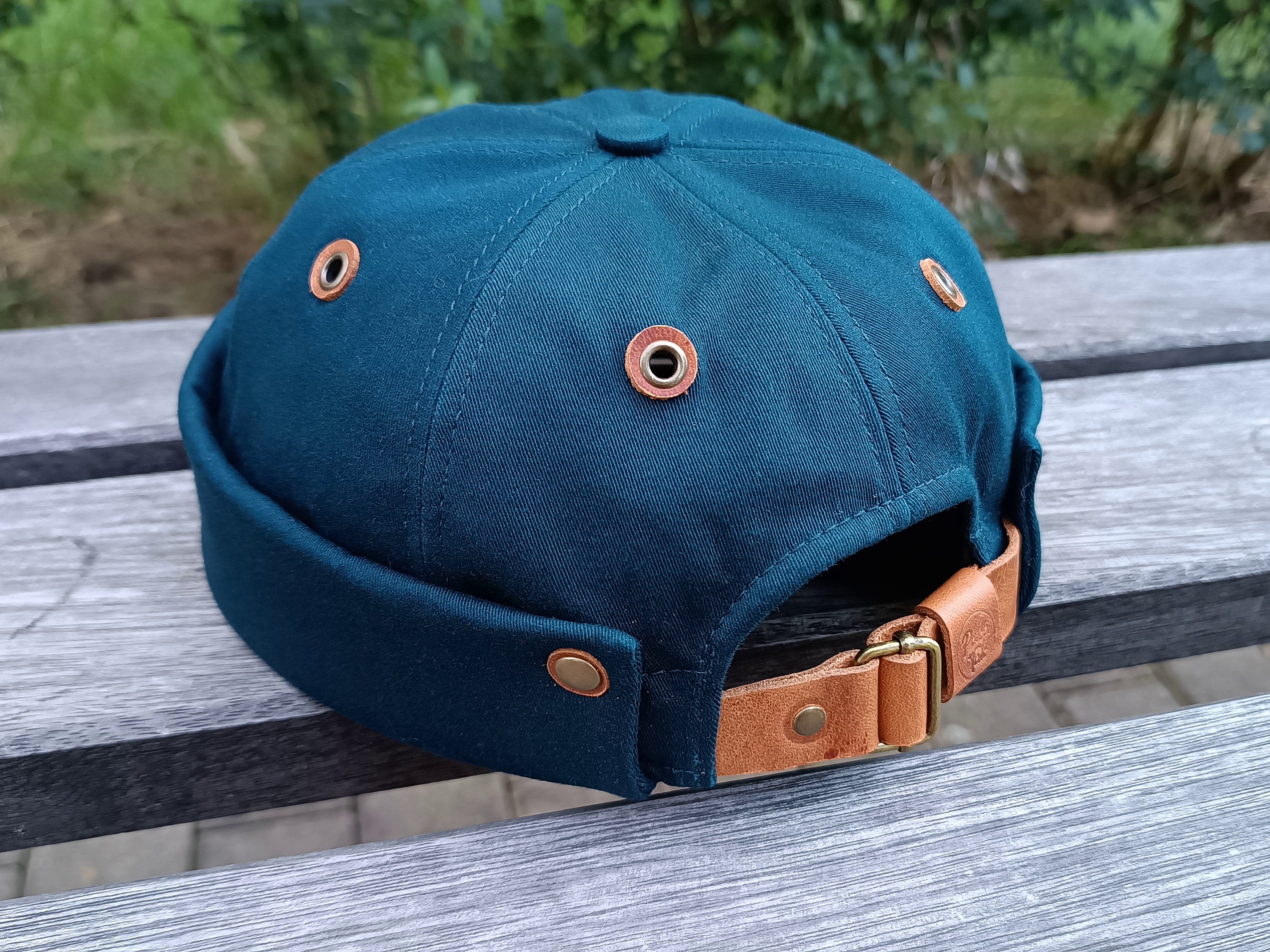 Petrol Green Docker Hat | Cotton Twill Brimless Cap with Leather Accents